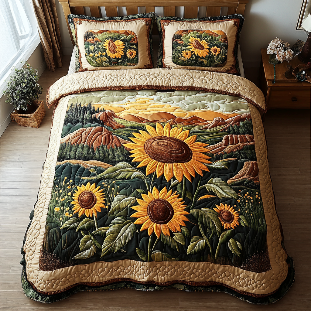 Sunflower Fields Quilted Bedding Set - Single (59" x 70")