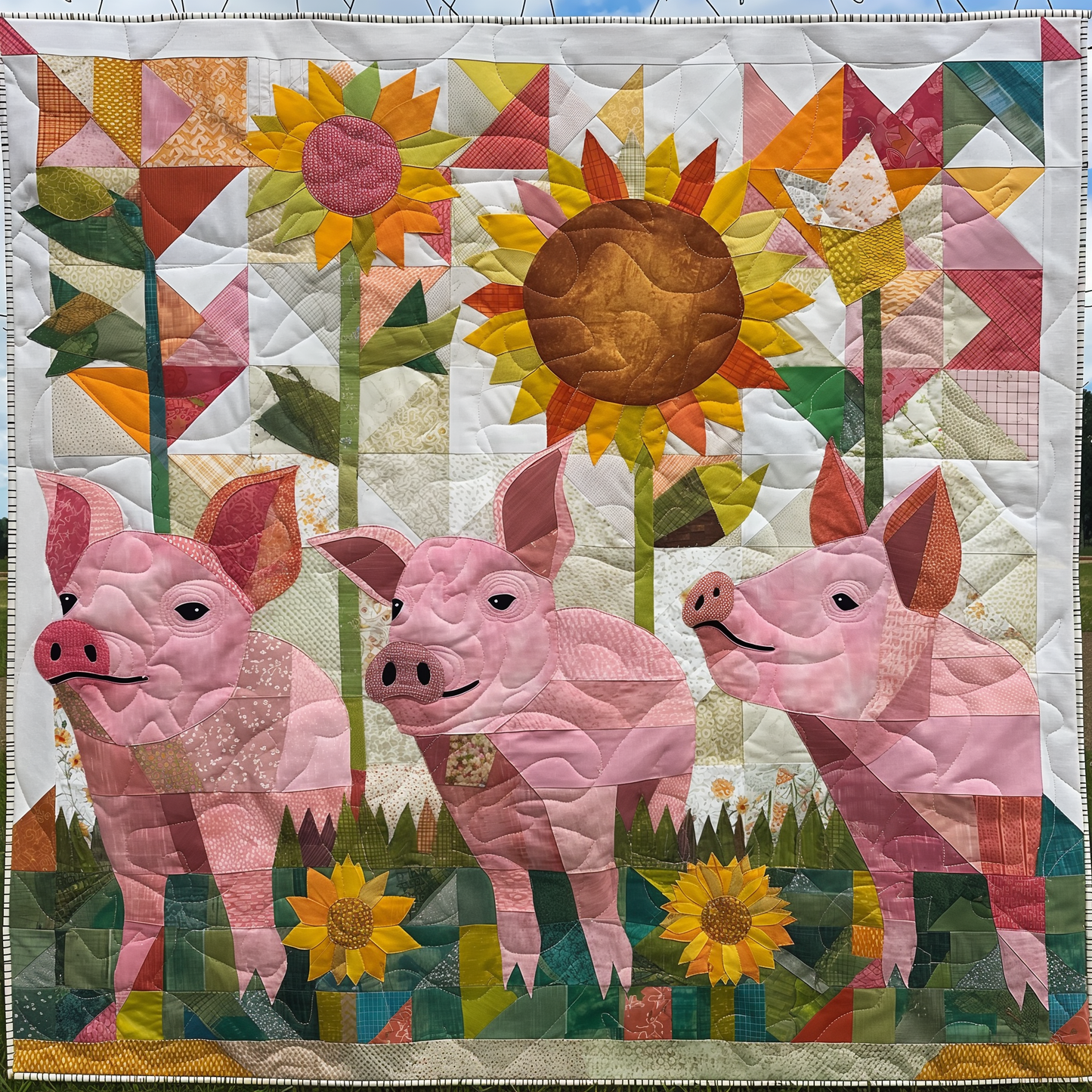 Sunflower Meadow Pig Quilted Blanket - Throw (55" x 60")