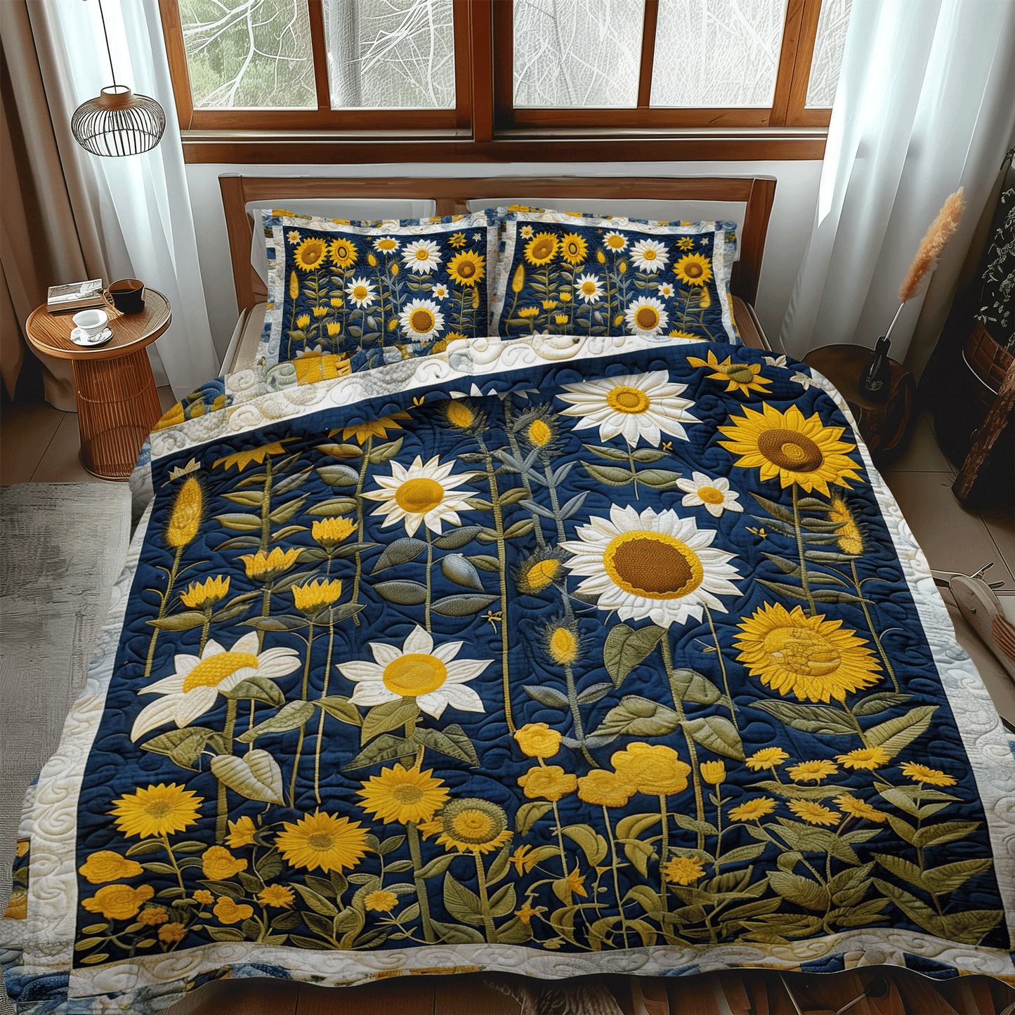 Sunflower Night 3-Piece Quilted Bedding Set - Single (59" x 70")