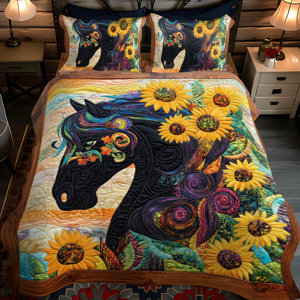 Sunflower Black Horse 3-Piece Quilted Bedding Set - Single (59" x 70")