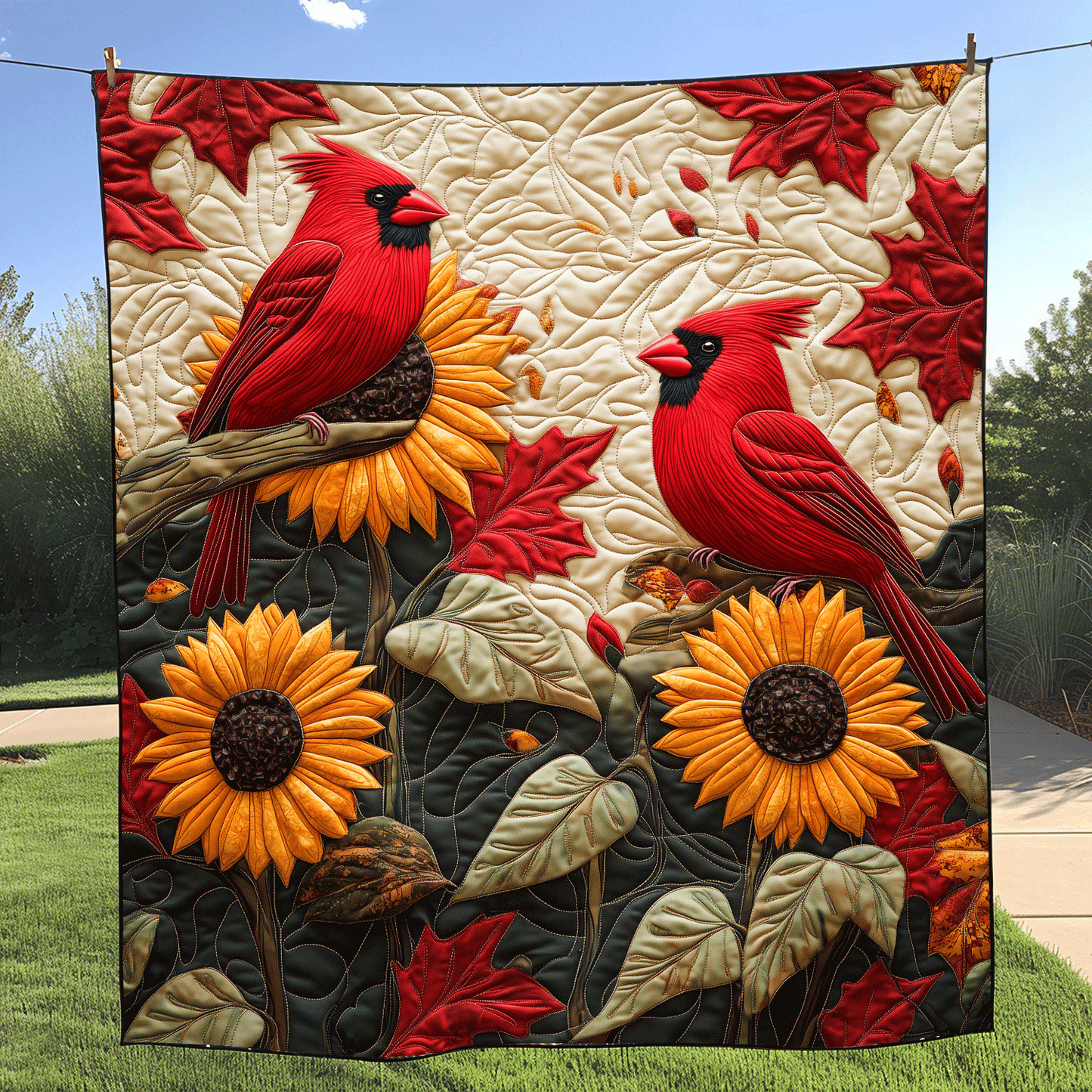 Sunflower Cardinal Quilted Blanket - Throw (55" x 60")