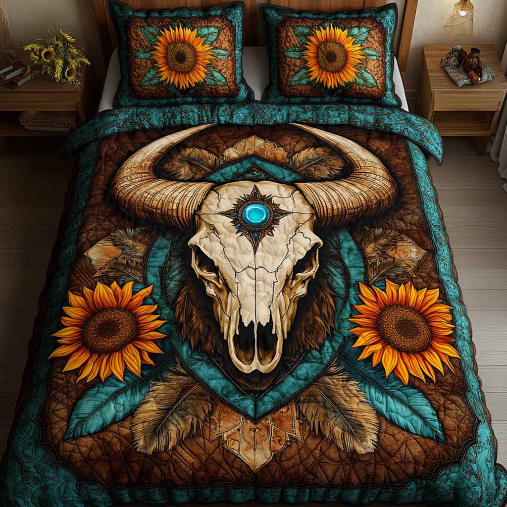 Sunflower Skull 3-Piece Quilted Bedding Set - Single (59" x 70")