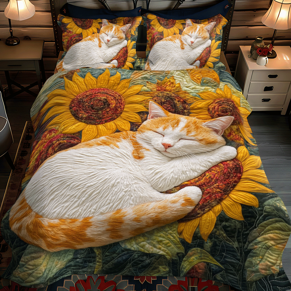 Sunflower Sleeping Cat 3-Piece Quilted Bedding Set - Single (59" x 70")