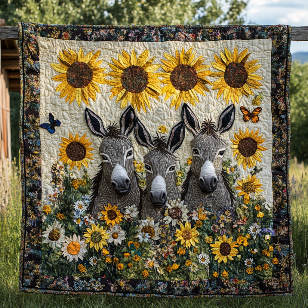 Sunflowers Charming Donkeys Quilted Blanket - Throw (55" x 60")