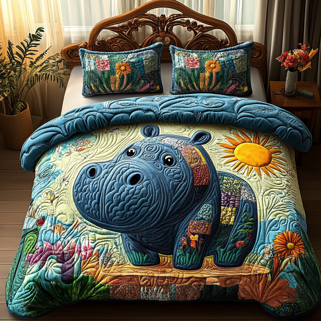 Sunlit Hippo Quilted Bedding Set - Single (59" x 70")