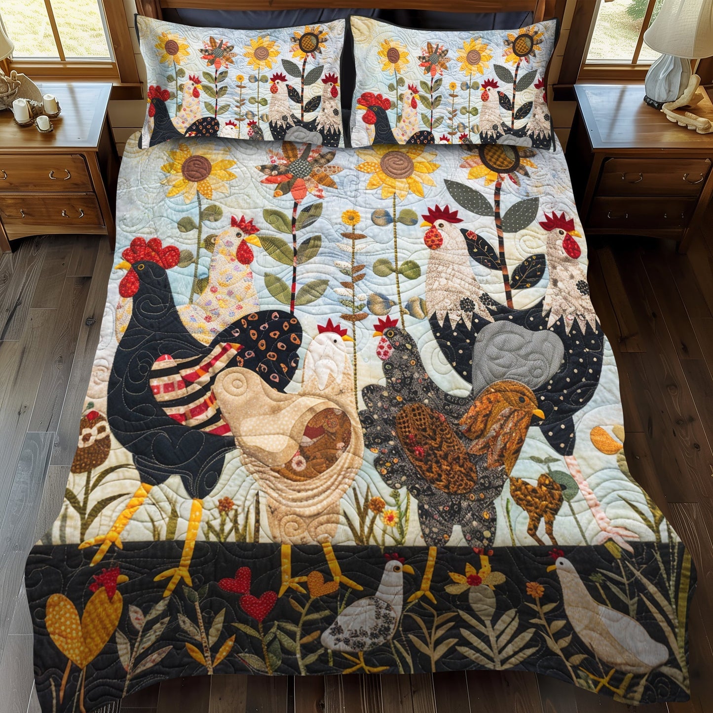 Sunny Chickens 3-Piece Quilted Bedding Set - Single (59" x 70")