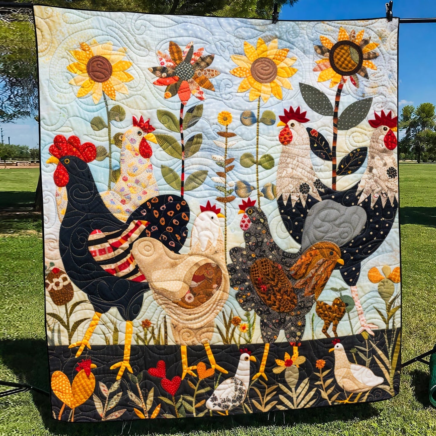 Sunny Chickens Quilted Blanket - Throw (55" x 60")