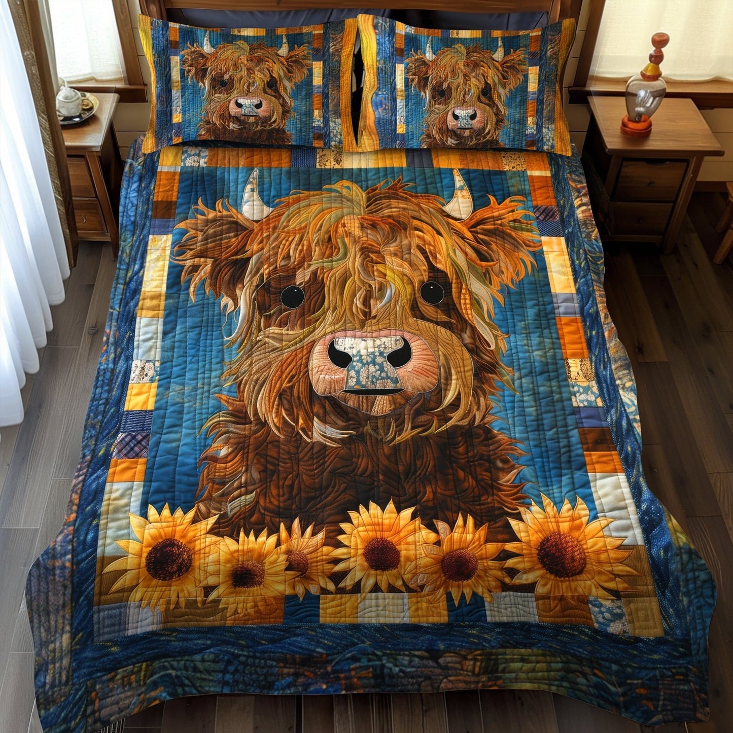 Sunny Highland Cow 3-Piece Quilted Bedding Set - Single (59" x 70")