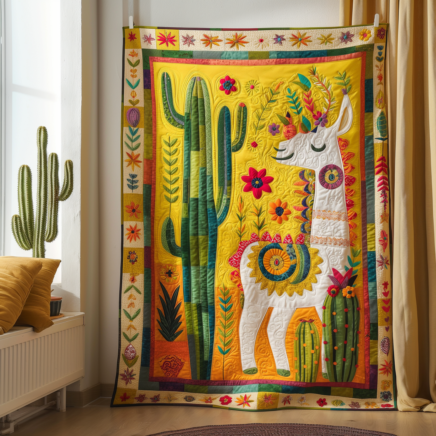 Sunny Llama Cactus Quilted Blanket - Throw (55" x 60")