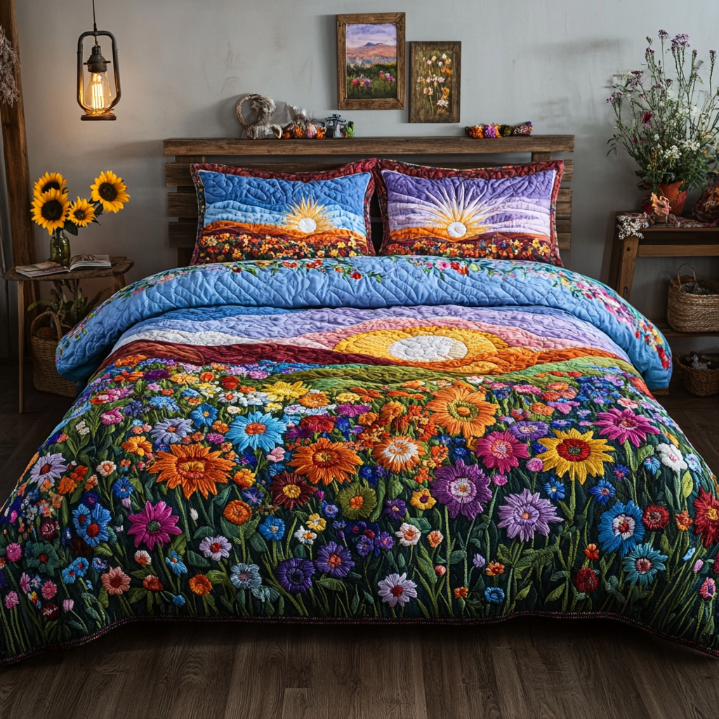 Sunny Blooms 3-Piece Quilted Bedding Set - Single (59" x 70")