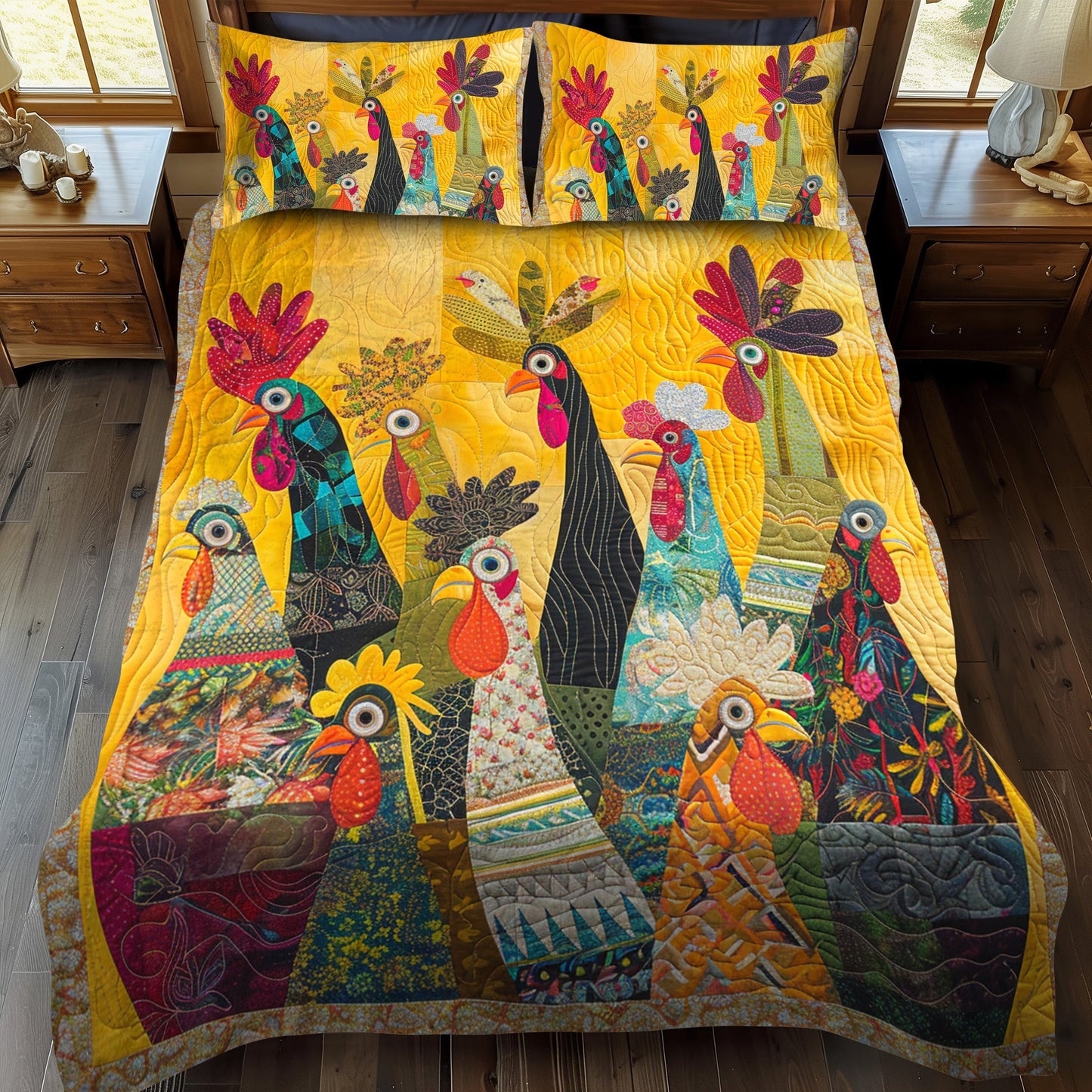 Sunrise Roosters 3-Piece Quilted Bedding Set - Single (59" x 70")