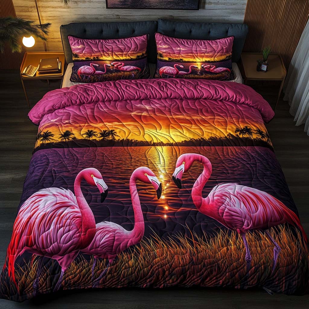 Sunset Flamingos 3-Piece Quilted Bedding Set - Single (59" x 70")