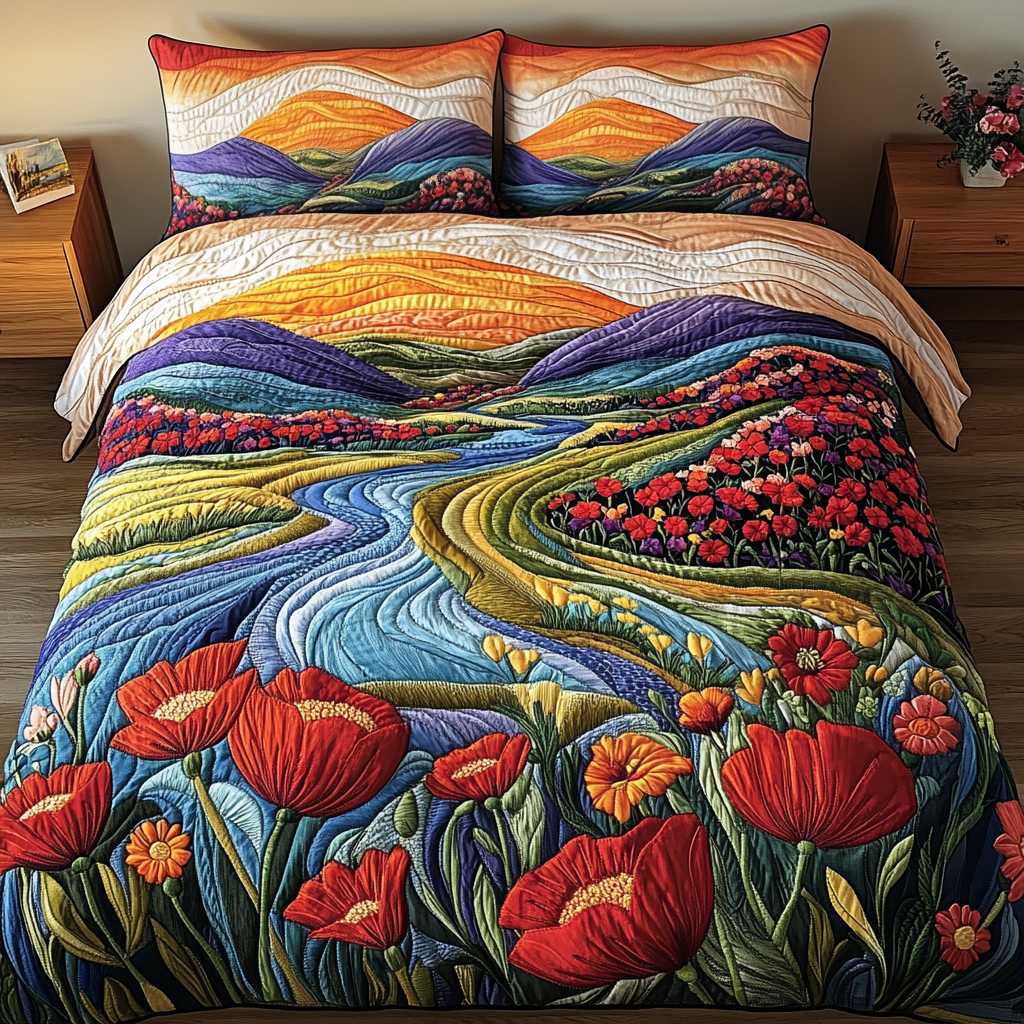 Sunset Poppies 3-Piece Quilted Bedding Set - Single (59" x 70")