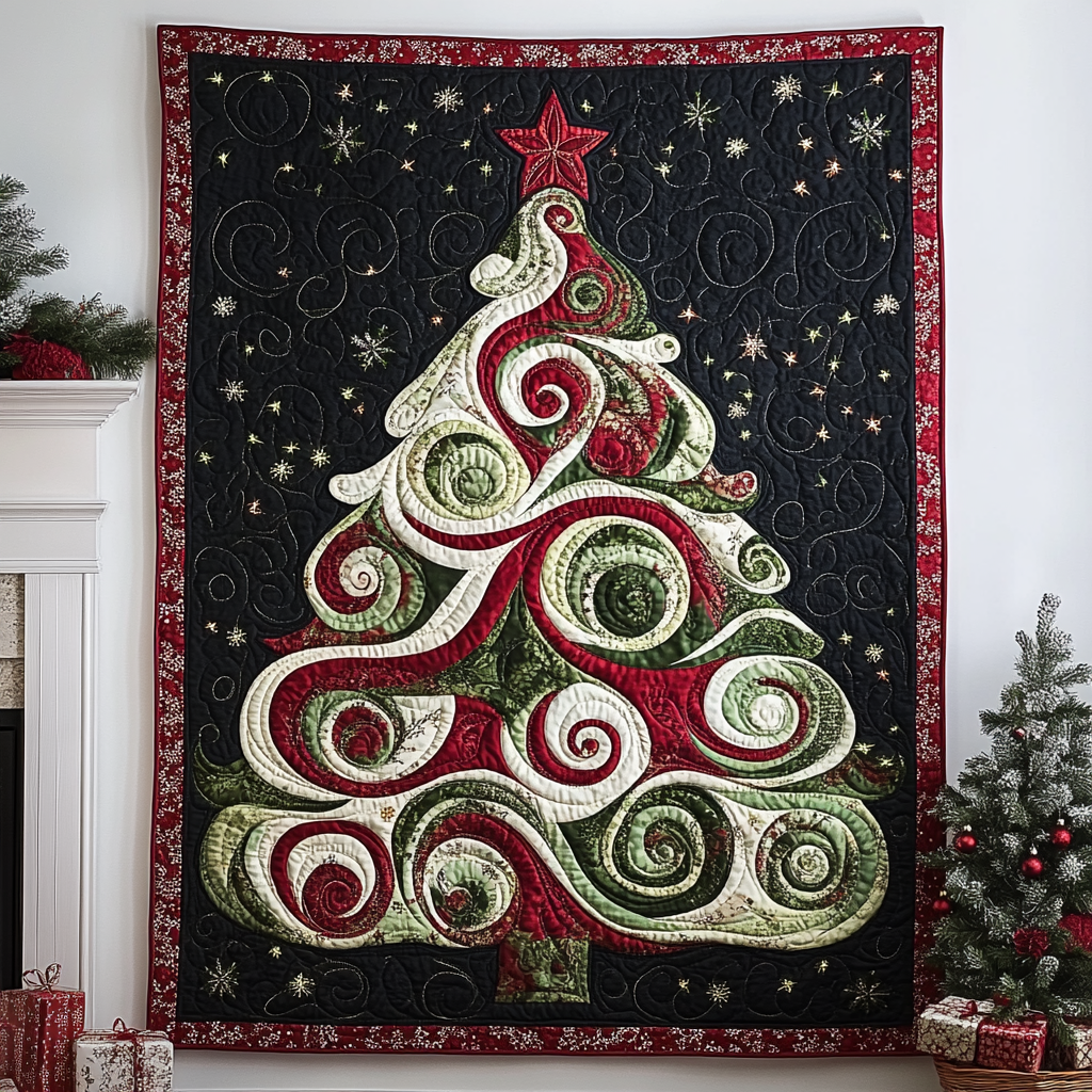 Swirling Christmas Tree Quilted Blanket - Throw (55" x 60")