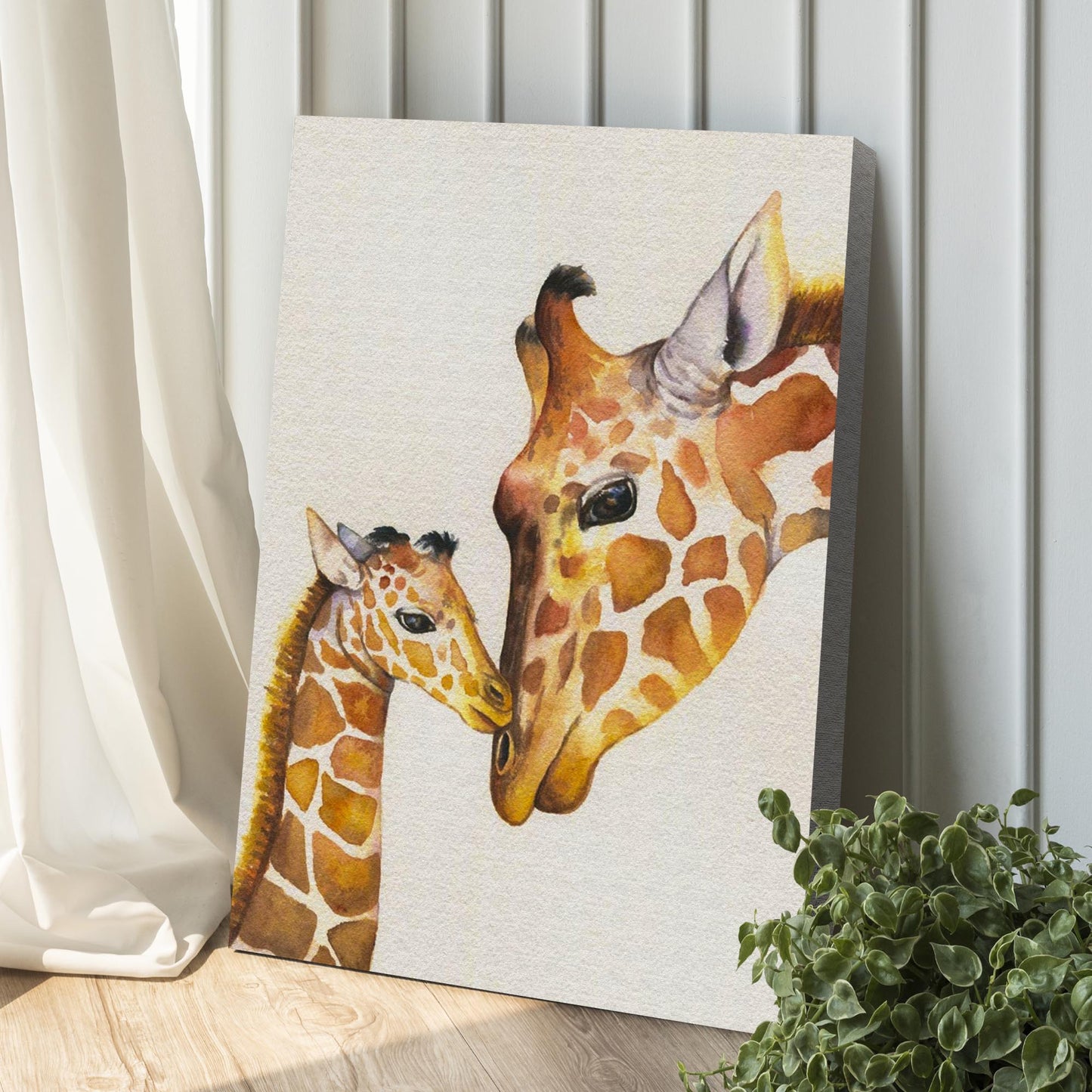 Mom and Baby Giraffe Watercolor Portrait Canvas Wall Art