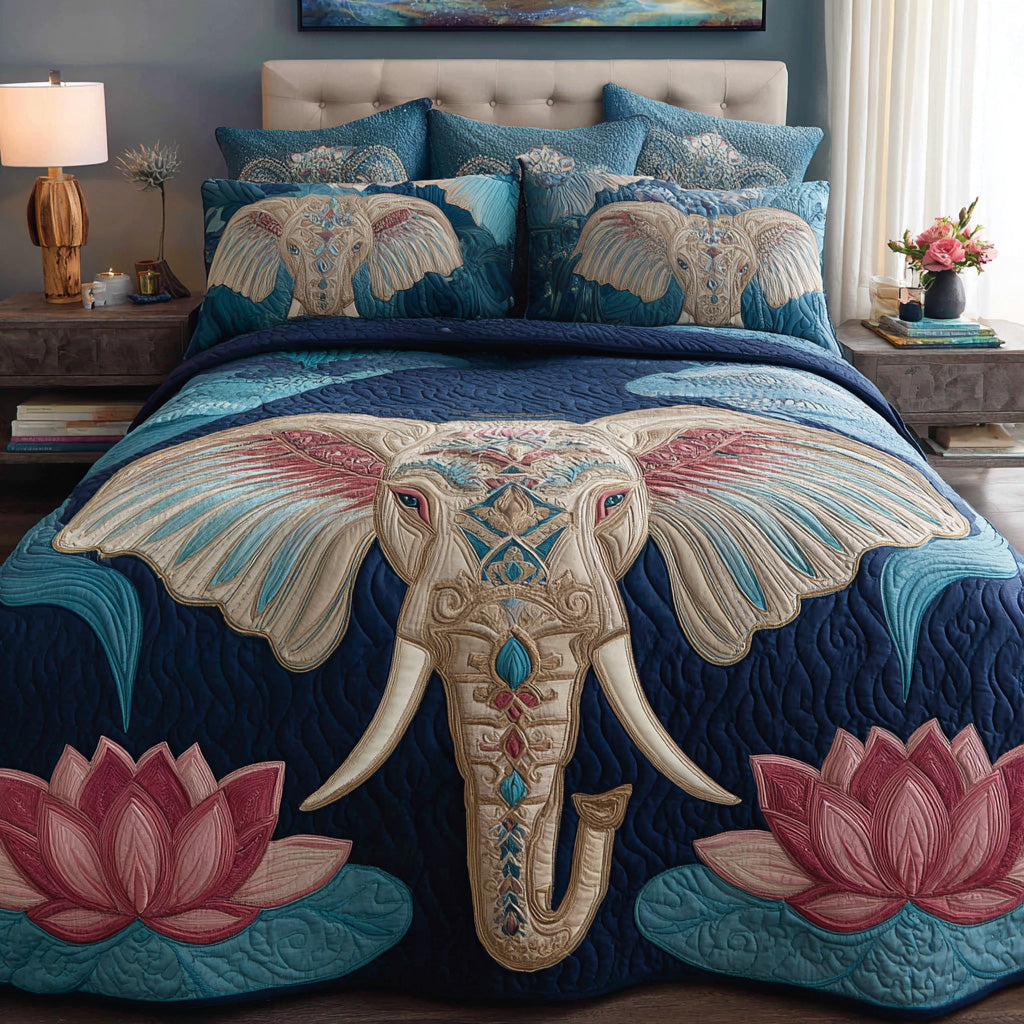 Teal Royal Elephant 3-Piece Quilted Bedding Set - Single (59" x 70")