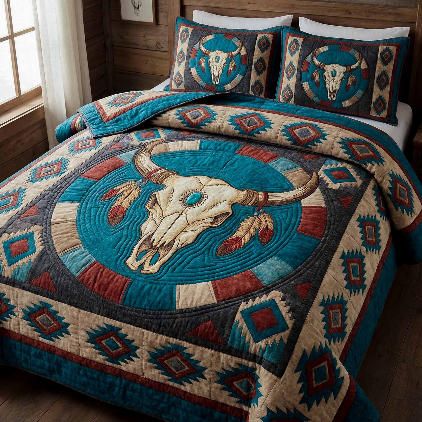 Teal Totem 3-Piece Quilted Bedding Set - Single (59" x 70")