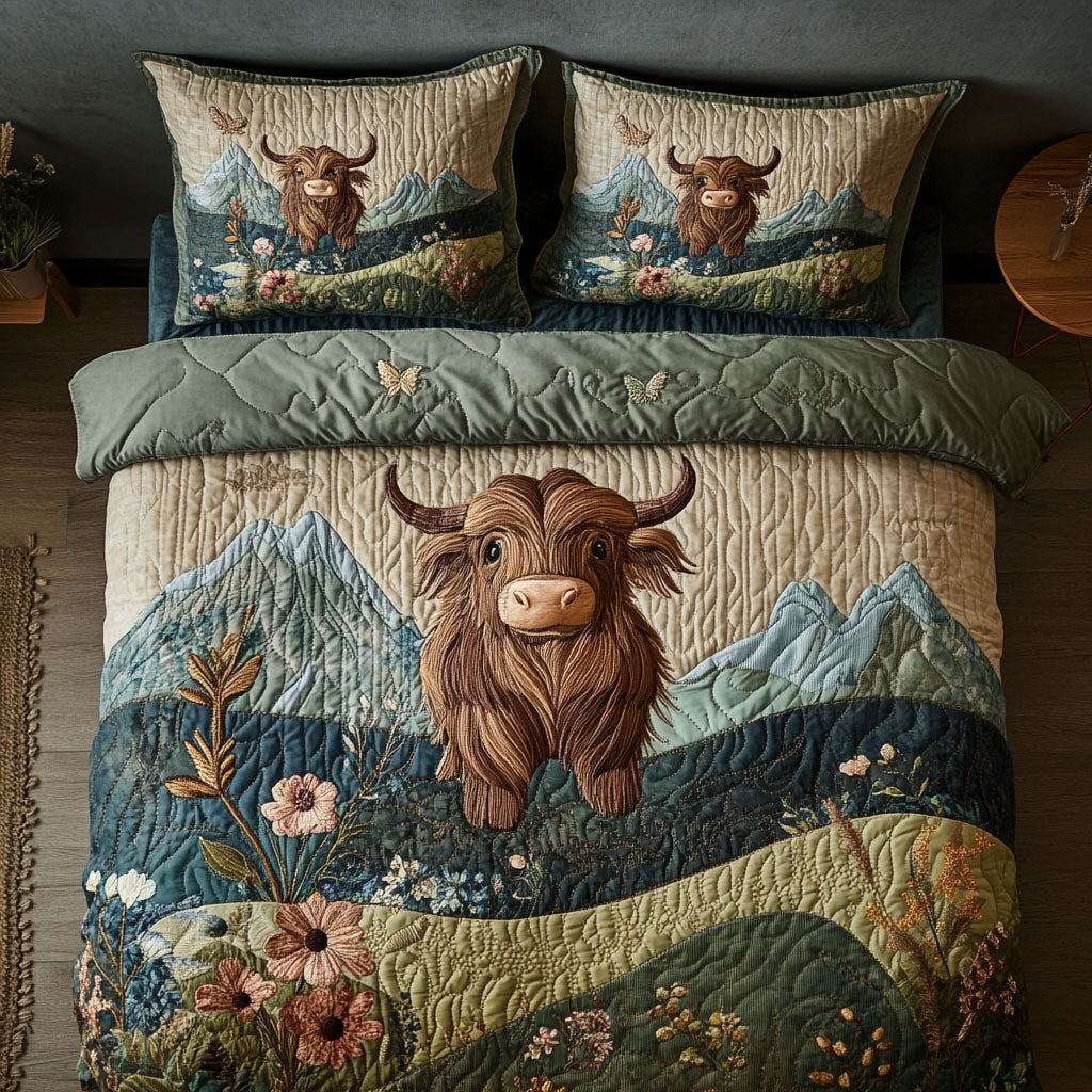 The Scottish Bull 3-Piece Quilted Bedding Set - Single (59" x 70")