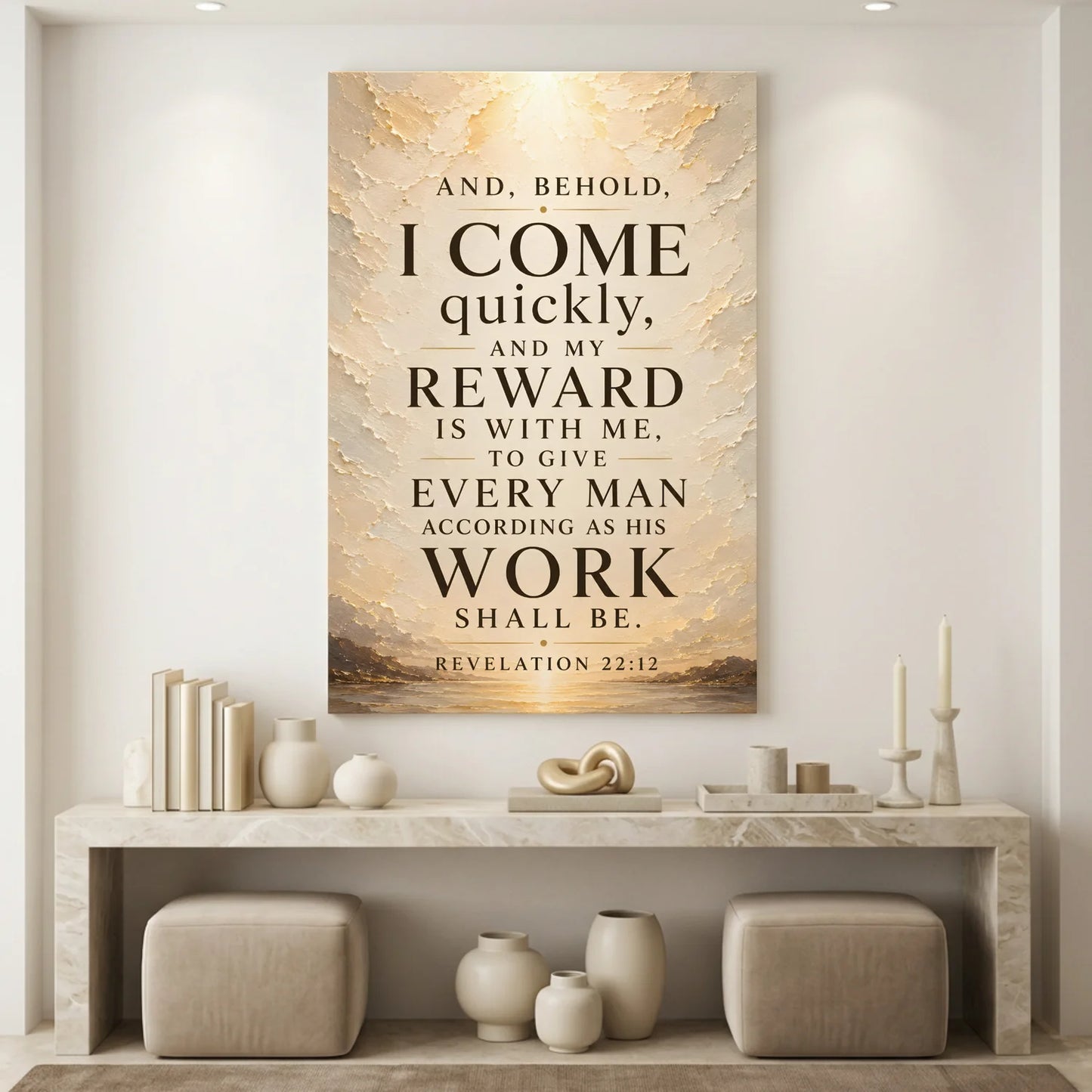 Decorative wall art with a biblical quote in a home interior setting.