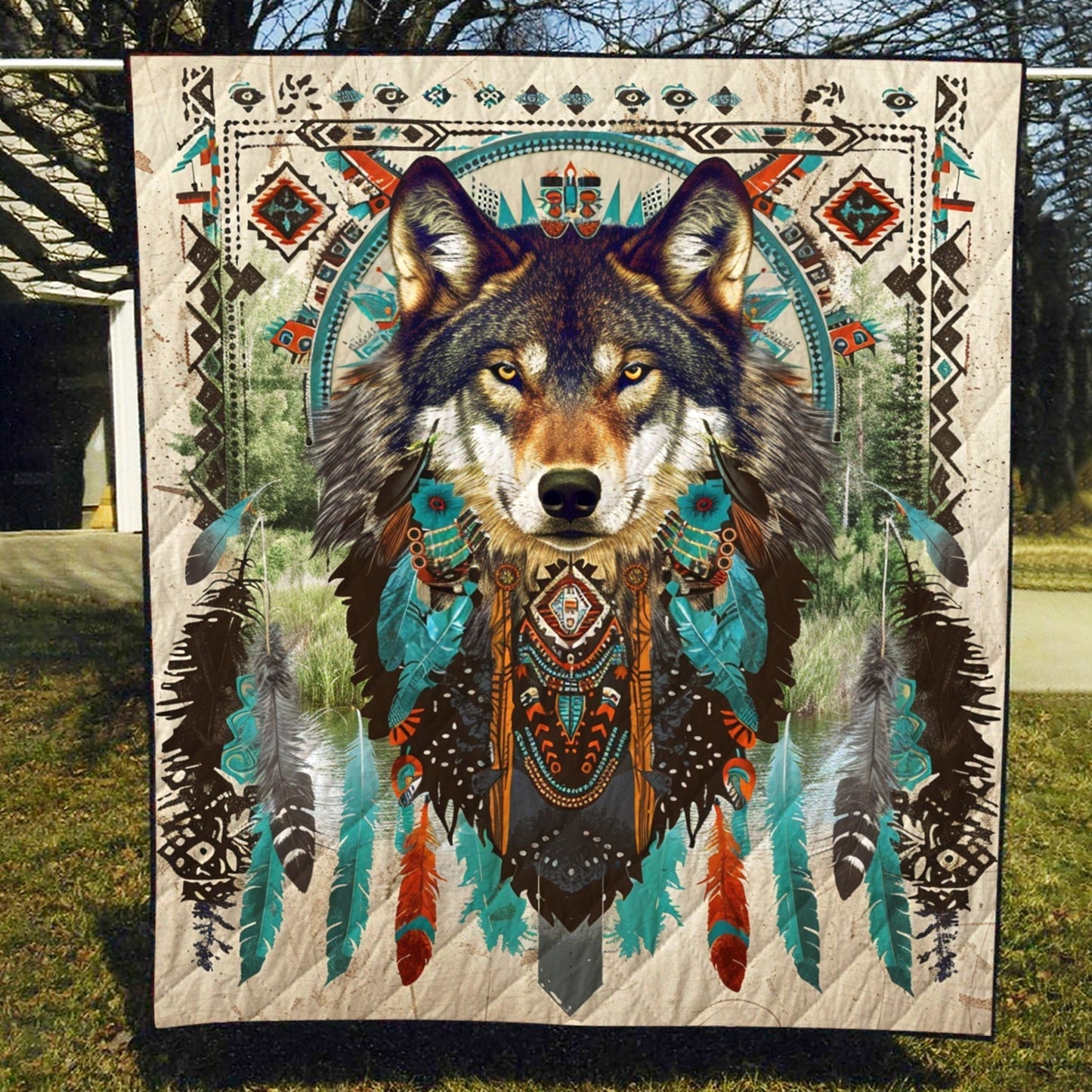 Tribal Harmony Wolf Quilted Blanket - Throw (55" x 60")