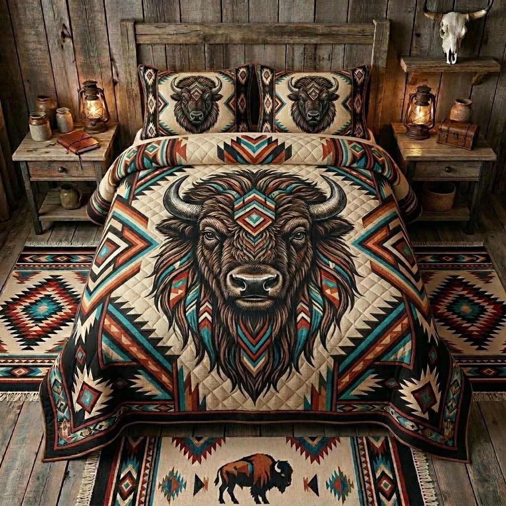Tribal Spirit Bison 3-Piece Quilted Bedding Set - Single (59" x 70")