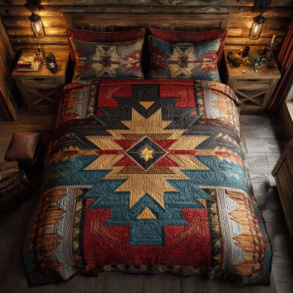 Tribal Starburst Pattern 3-Piece Quilted Bedding Set - Single (59" x 70")