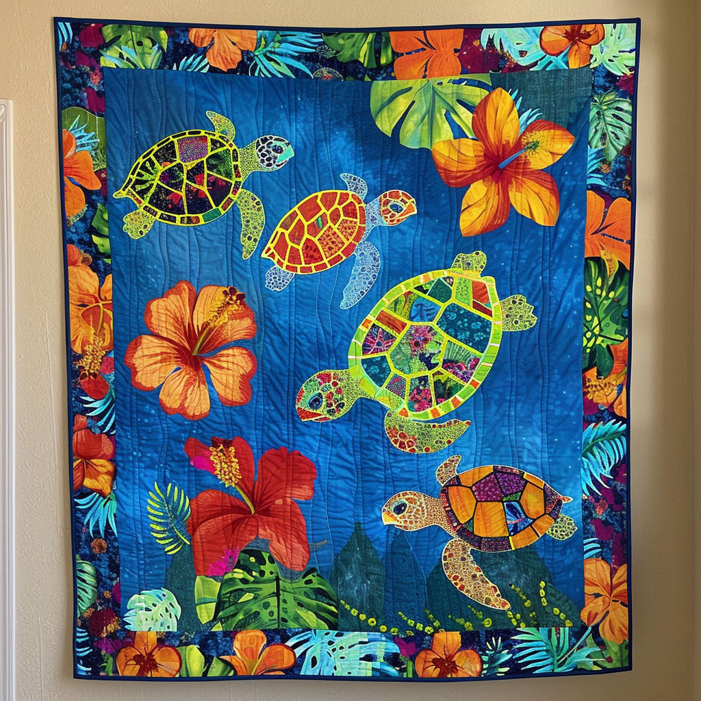 Throw (55'' x 60'') /Tropical Turtle Blooms Quilted Blanket