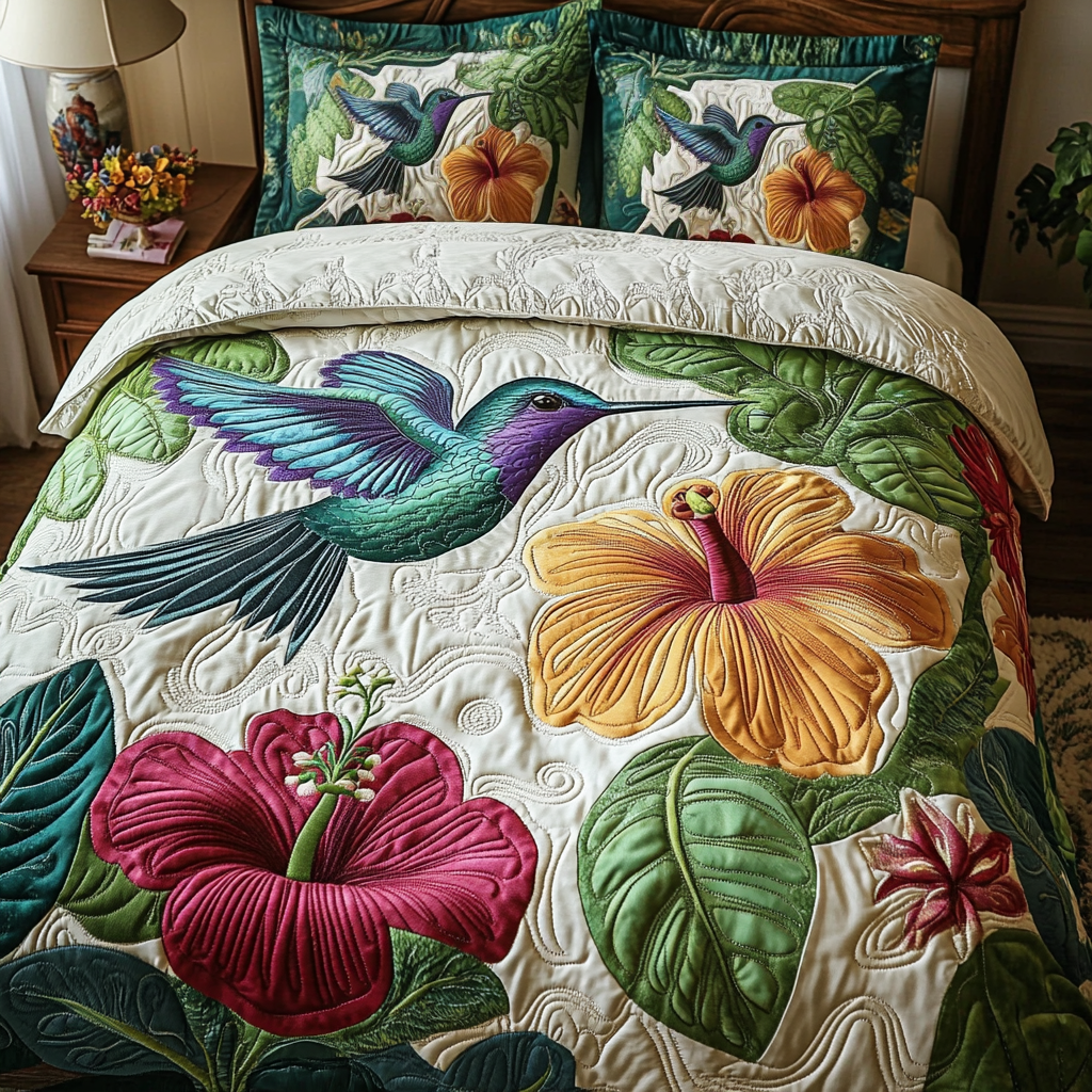 Tropical Hummingbird 3-Piece Quilted Bedding Set - Single (59" x 70")