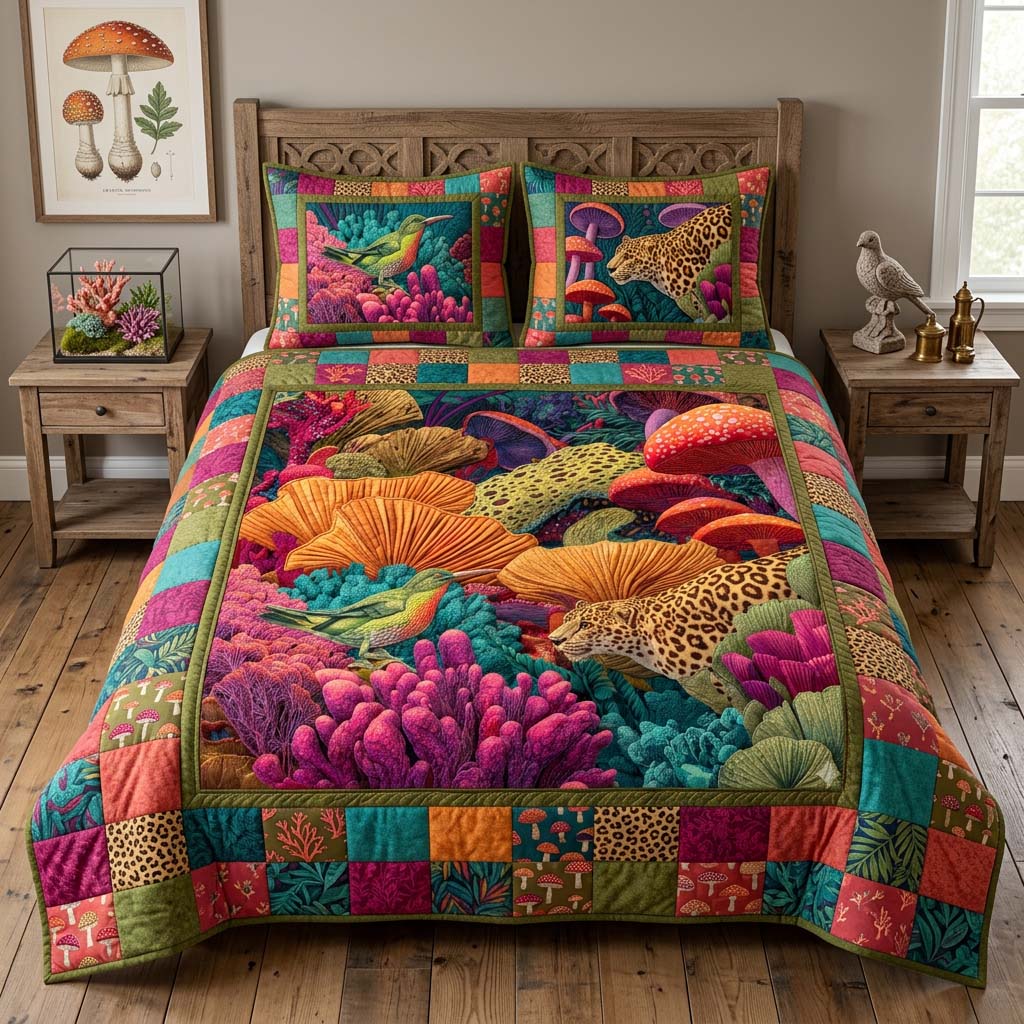 Tropical Mushroom Jungle 3-Piece Quilted Bedding Set - Single (59" x 70")
