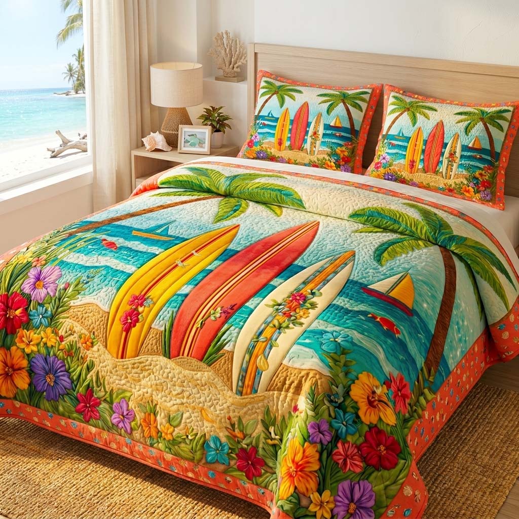 Tropical Surf Bloom 3-Piece Quilted Bedding Set - Single (59" x 70")