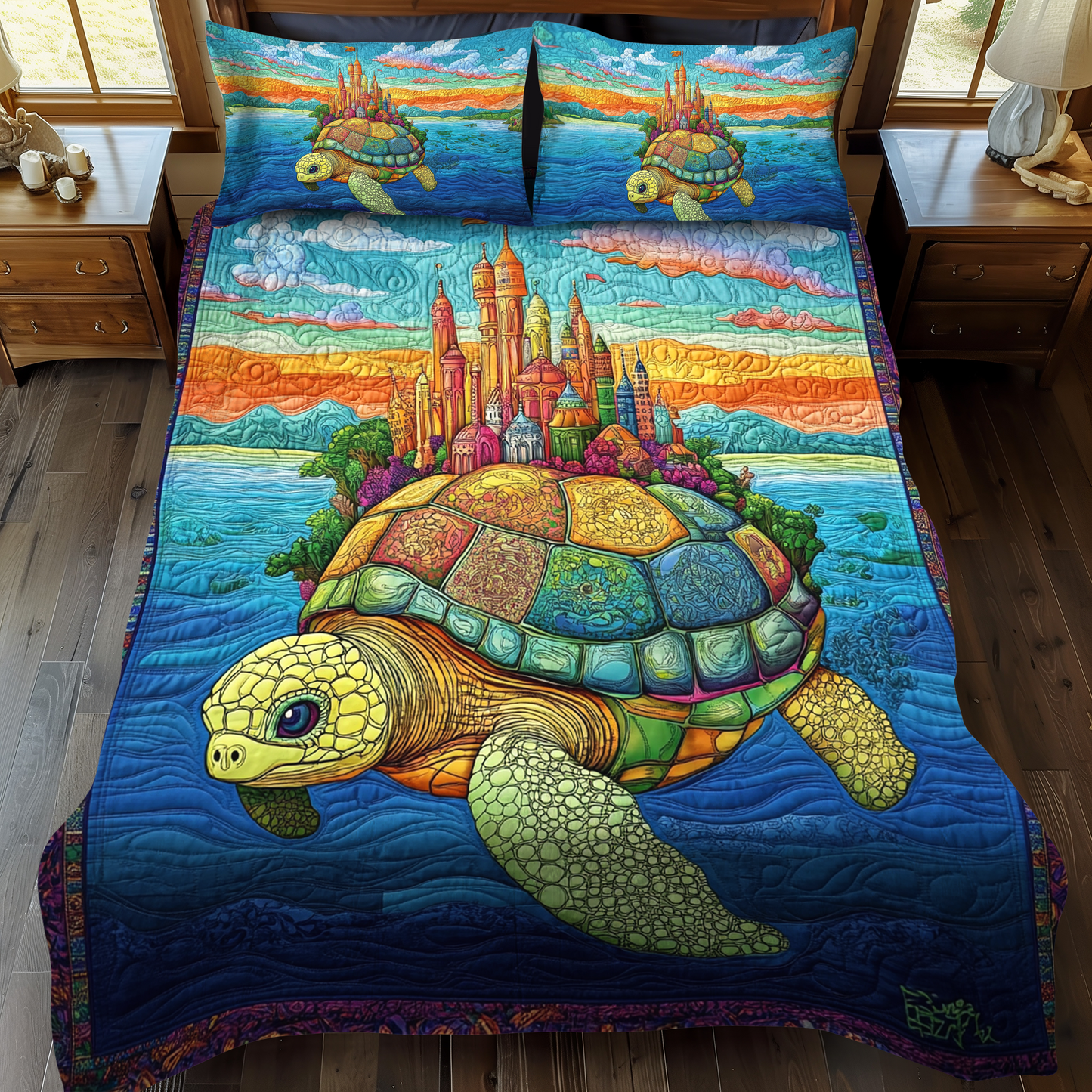 Tropical Tide Turtle 3-Piece Quilted Bedding Set - Single (59" x 70")