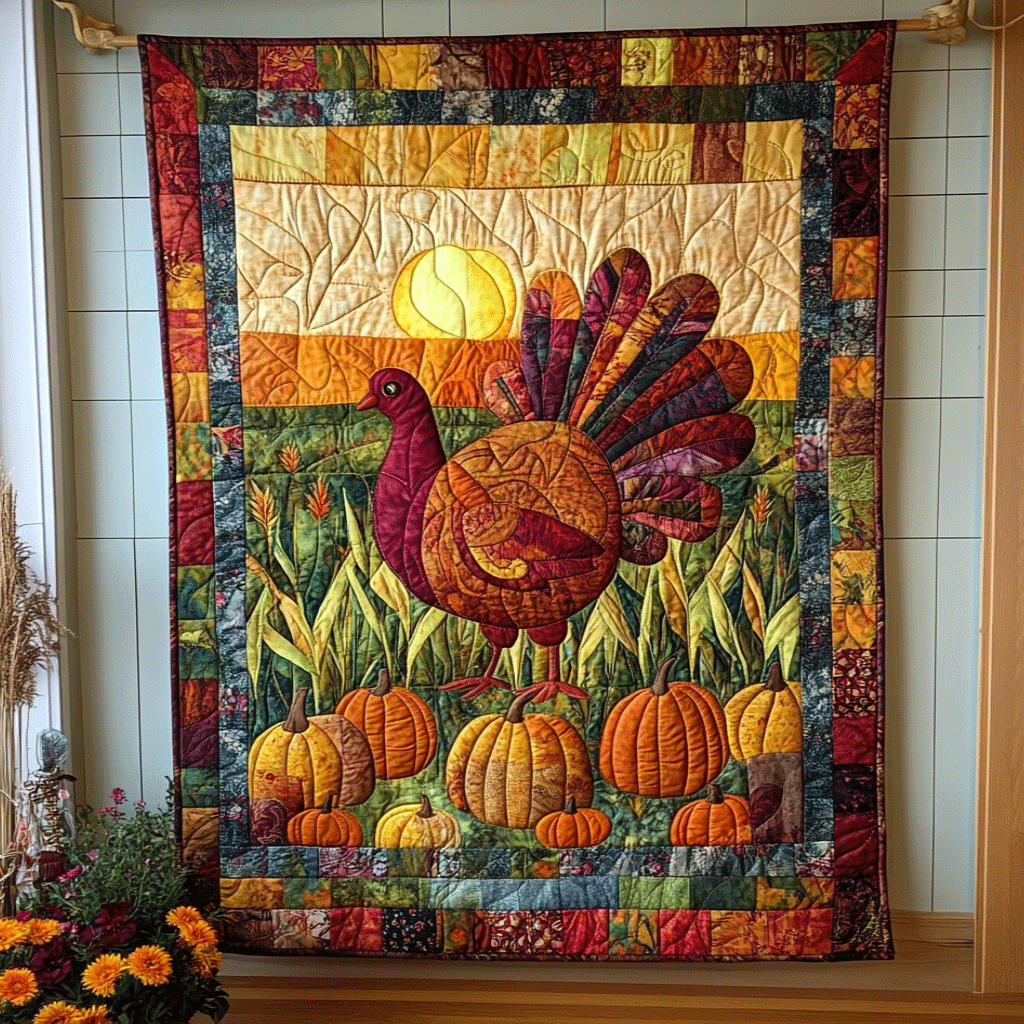 Turkey Thanksgiving Festive Quilted Blanket - Throw (55" x 60")