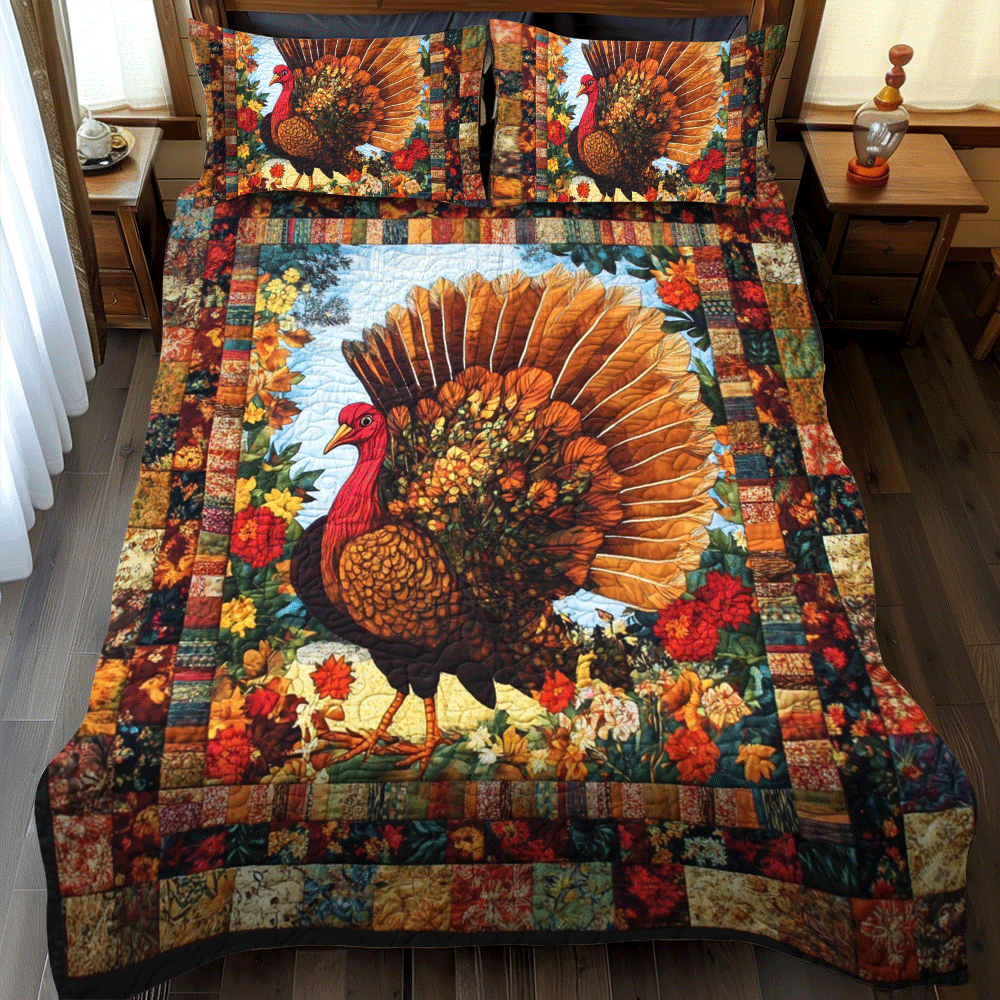 Turkey Thanksgiving Charm 3-Piece Quilted Bedding Set - Single (59" x 70")