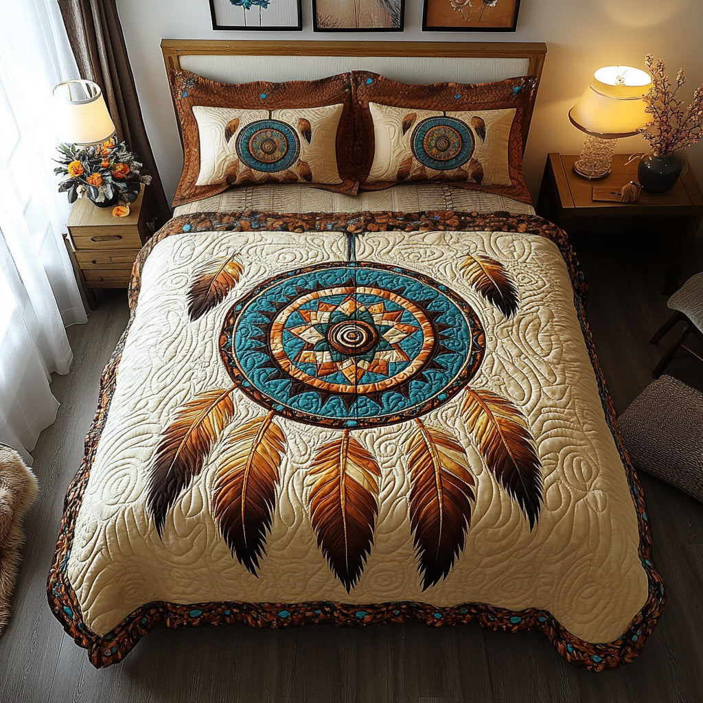 Turquoise Feather Circle 3-Piece Quilted Bedding Set - Single (59" x 70")