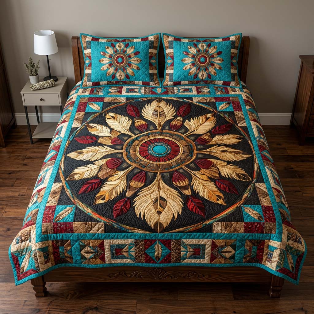 Turquoise Feather Mandala 3-Piece Quilted Bedding Set - Single (59" x 70")