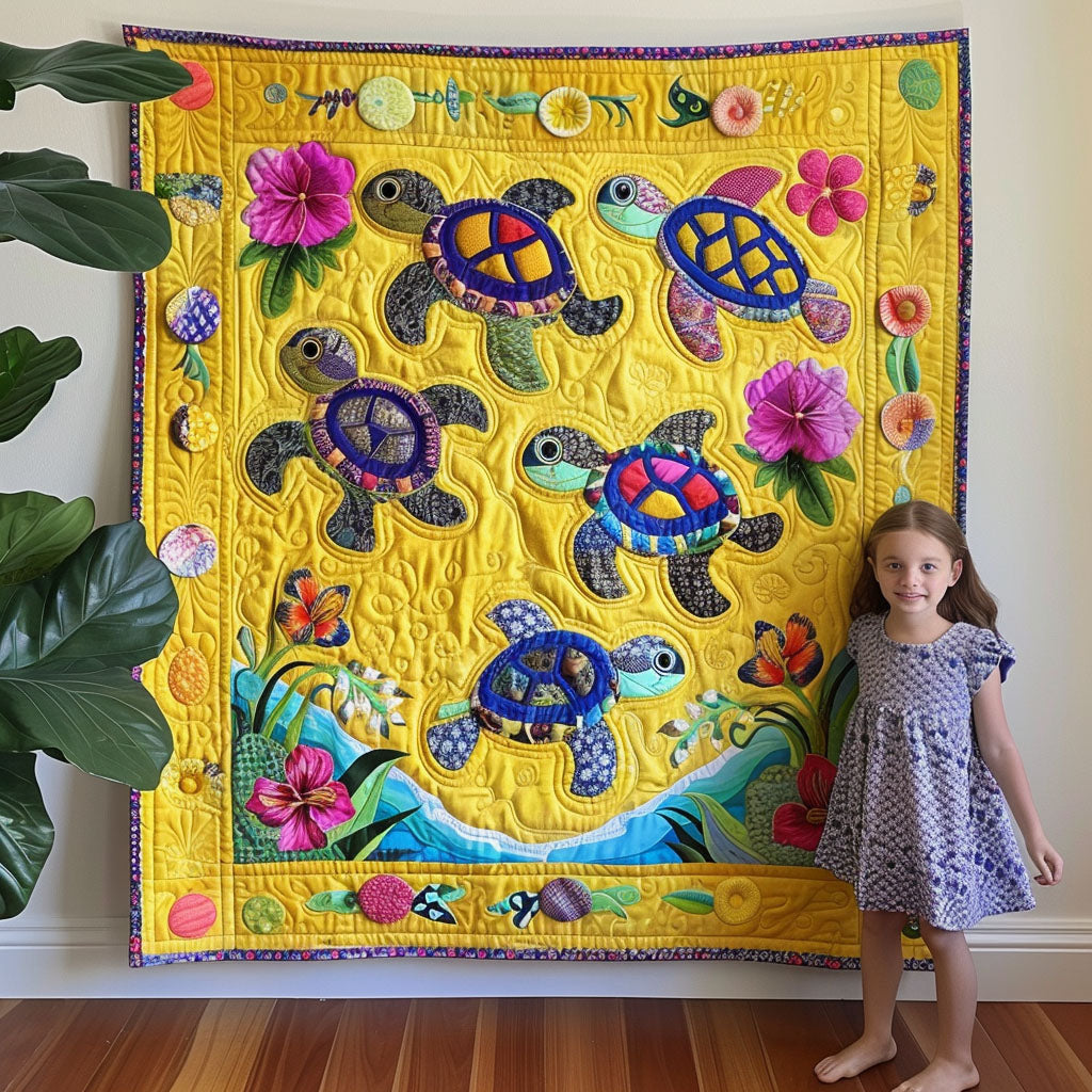 Turtle Flower Waves Quilted Blanket - Throw (55" x 60")