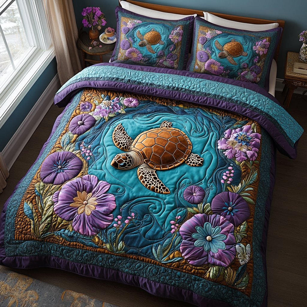 Turtle Petals Quilted Bedding Set - Single (59" x 70")