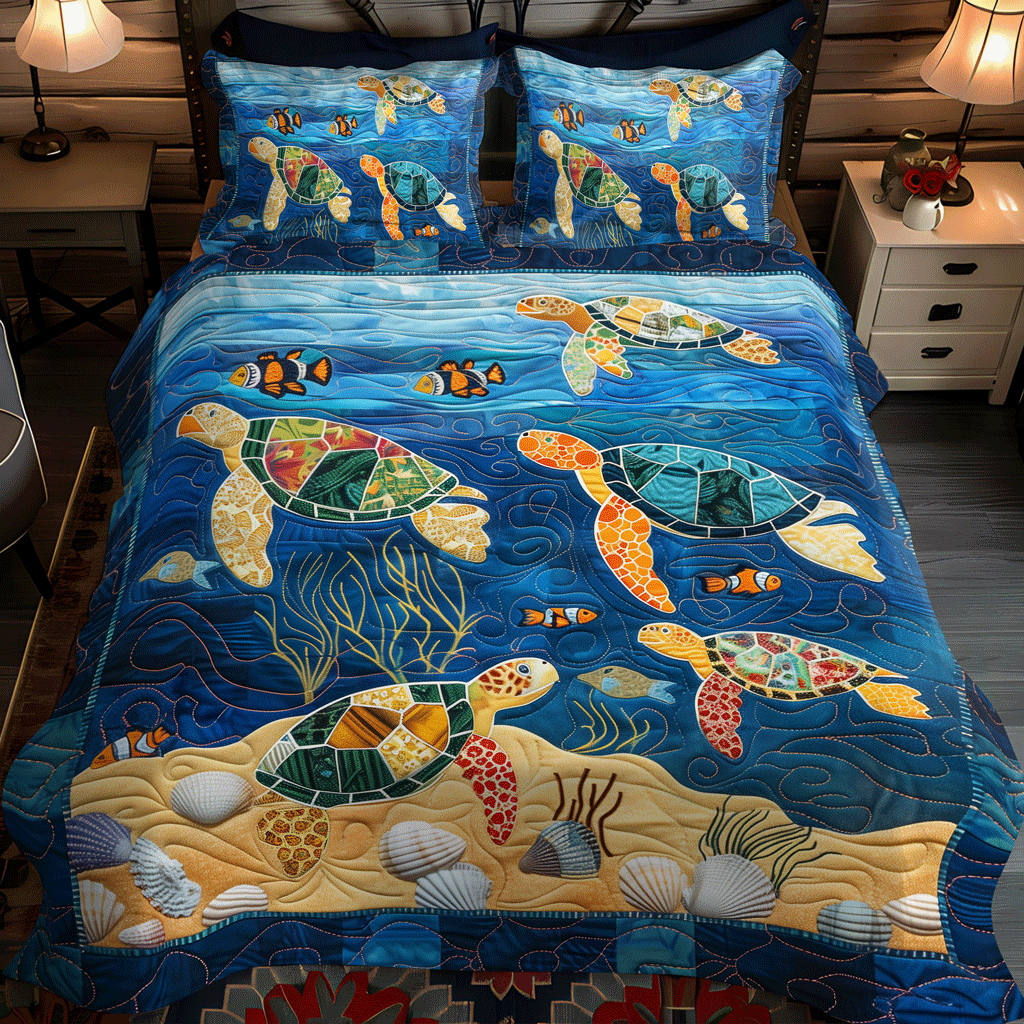 Turtle Coral Fest 3-Piece Quilted Bedding Set - Single (59" x 70")