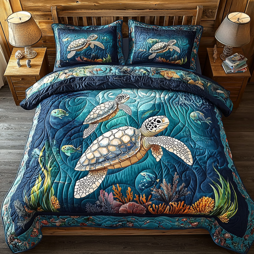 Turtle Harmony 3-Piece Quilted Bedding Set - Single (59" x 70")