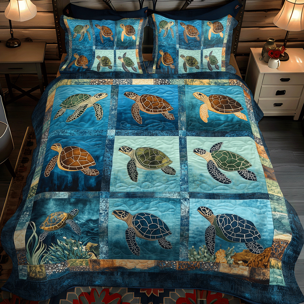 Turtle Haven 3-Piece Quilted Bedding Set - Single (59" x 70")