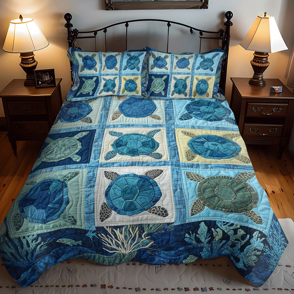 Turtle Lagoon 3-Piece Quilted Bedding Set - Single (59" x 70")