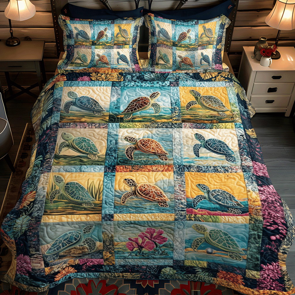 Turtle Tide 3-Piece Quilted Bedding Set - Single (59" x 70")