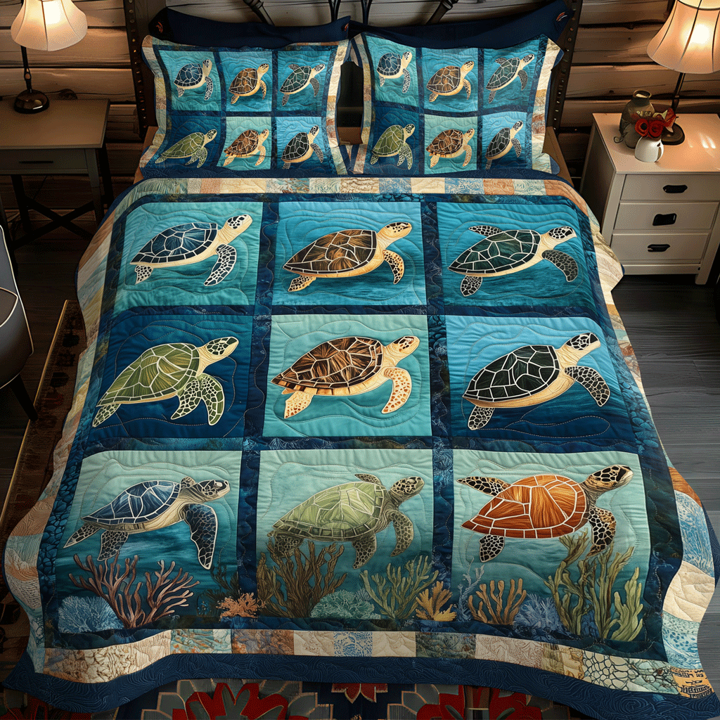 Turtle Tides 3-Piece Quilted Bedding Set - Single (59" x 70")