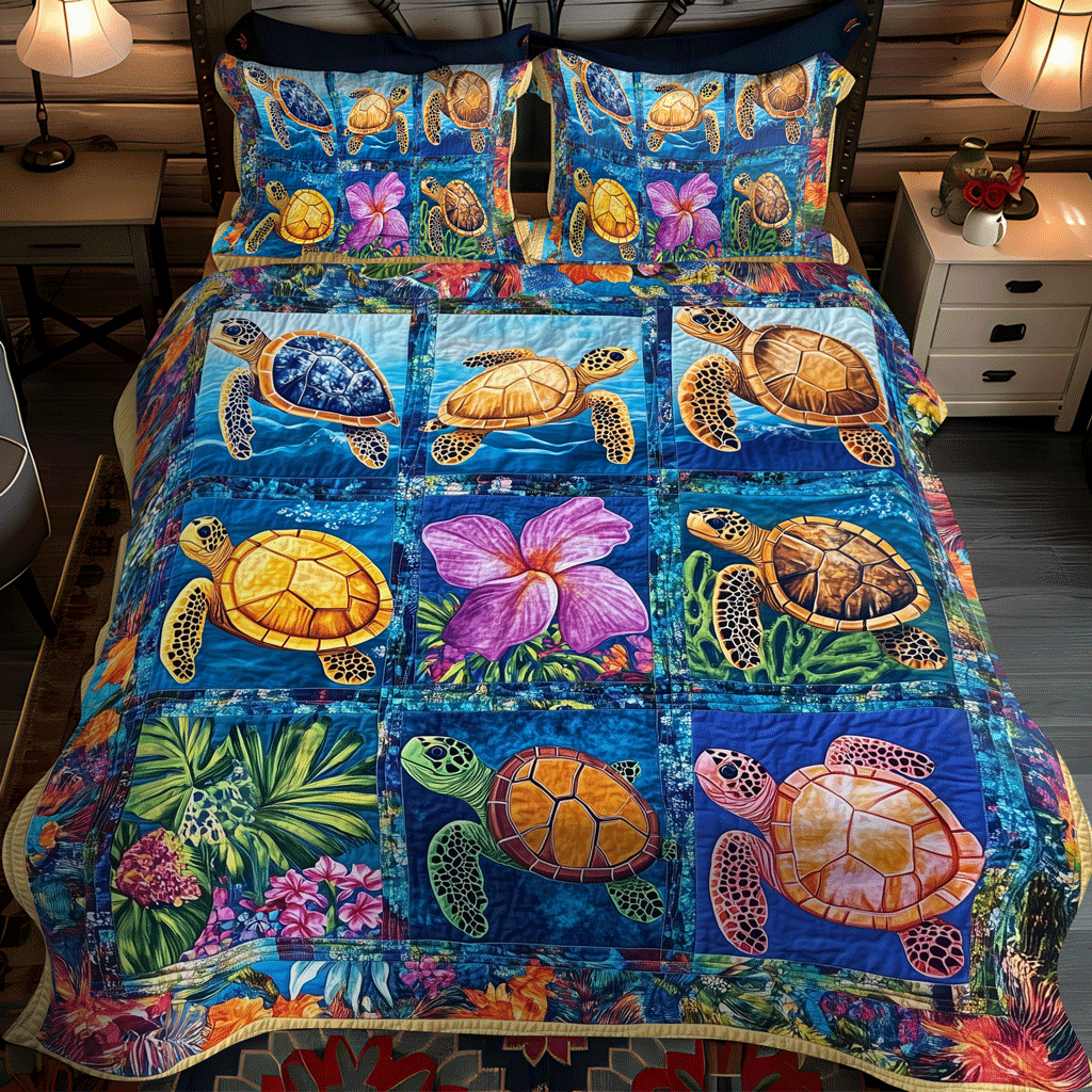 Turtle Tranquility 3-Piece Quilted Bedding Set - Single (59" x 70")