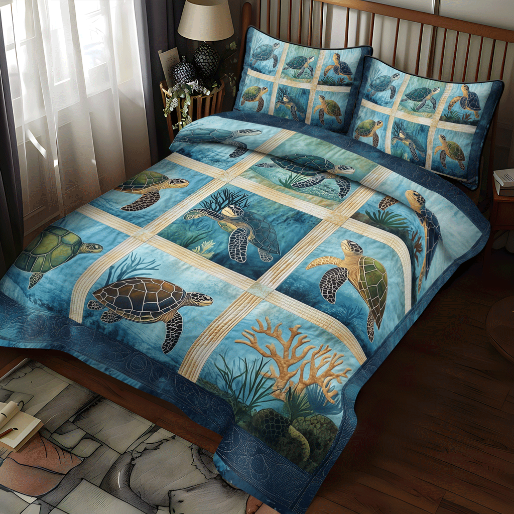 Turtle Whisper 3-Piece Quilted Bedding Set - Single (59" x 70")