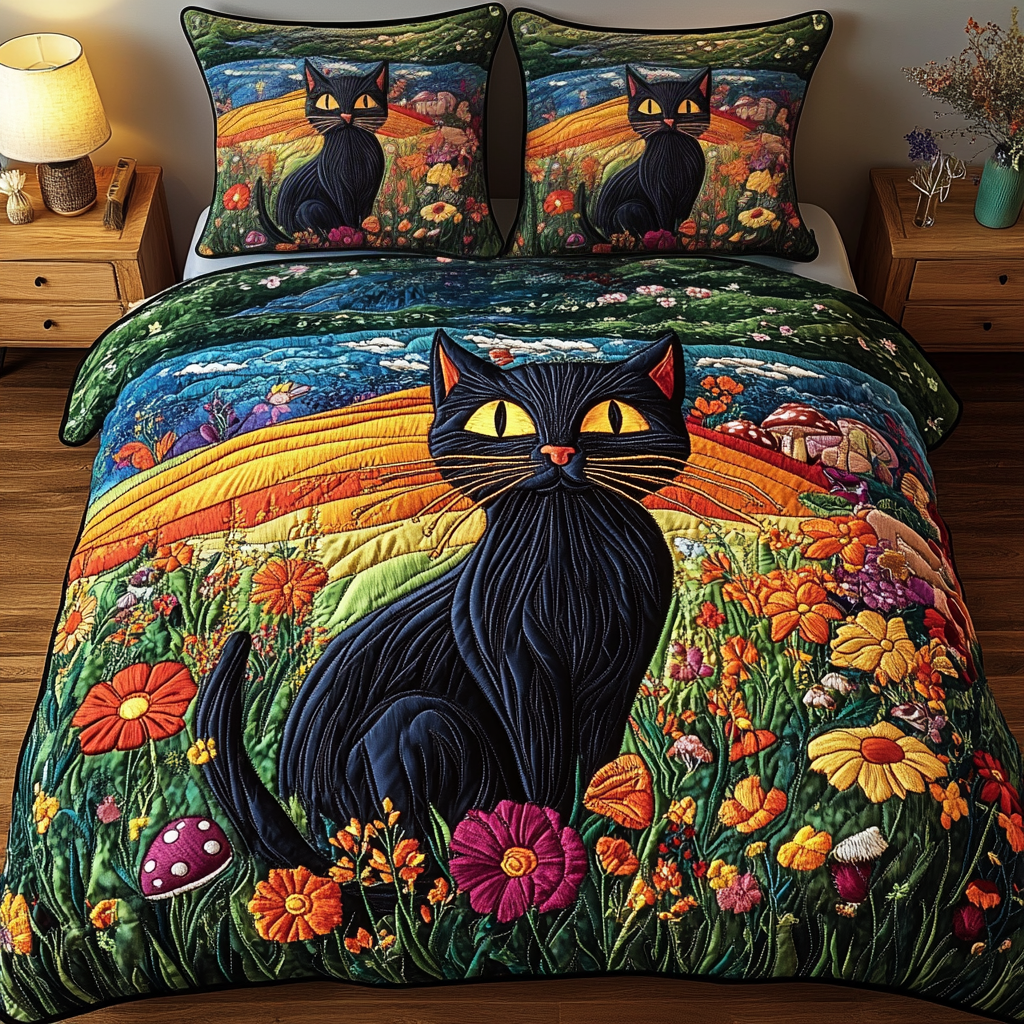 Twilight Whiskers 3-Piece Quilted Bedding Set - Single (59" x 70")