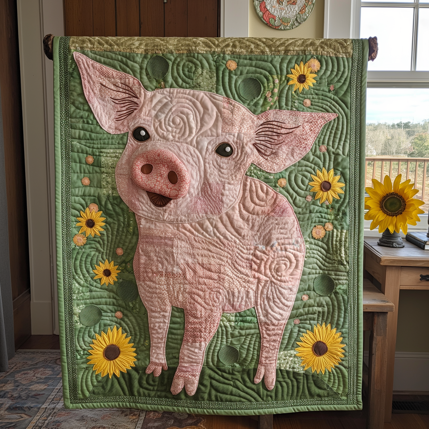 Verdant Sunflower Pig Quilted Blanket - Throw (55" x 60")