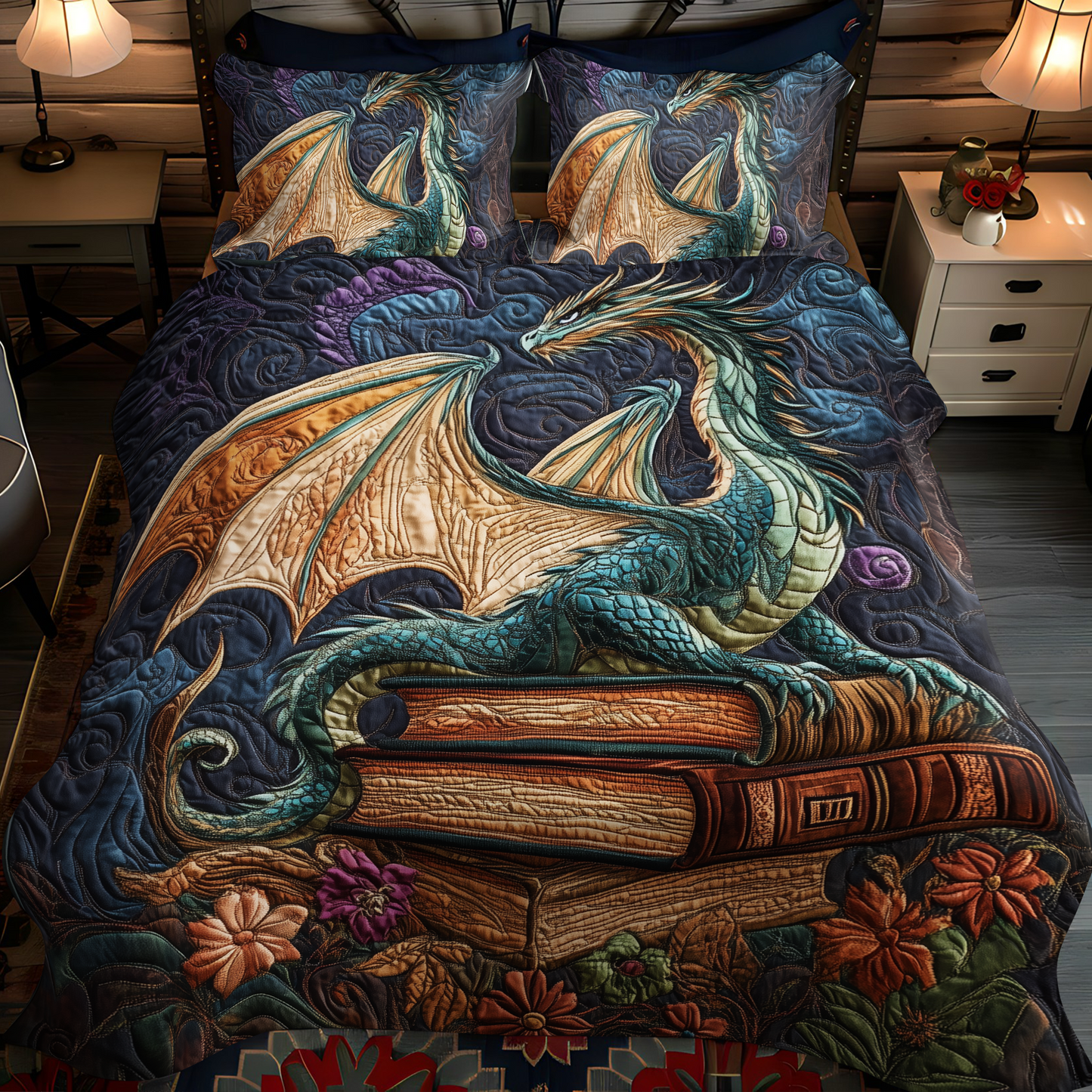 Verdant Dragonheart 3-Piece Quilted Bedding Set - Single (59" x 70")