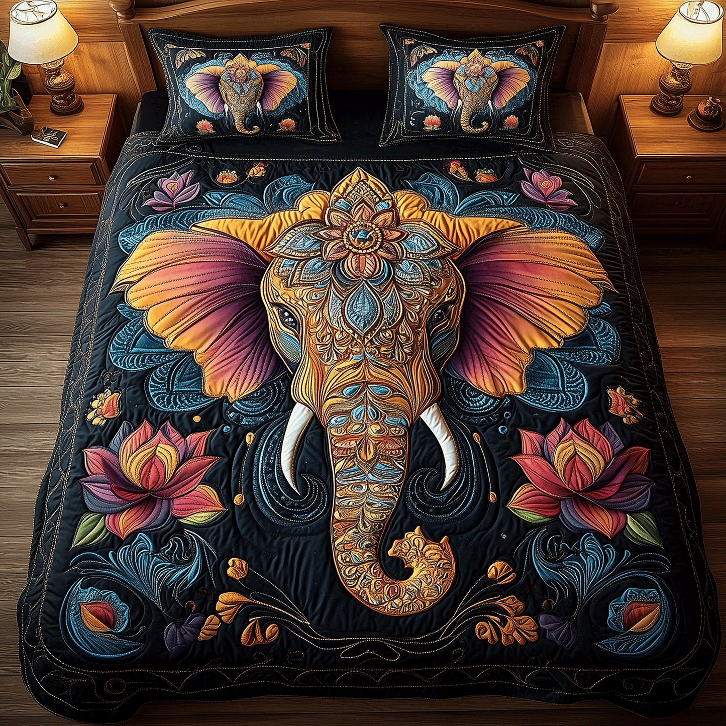 Vibrant Elephant Elegance 3-Piece Quilted Bedding Set - Single (59" x 70")