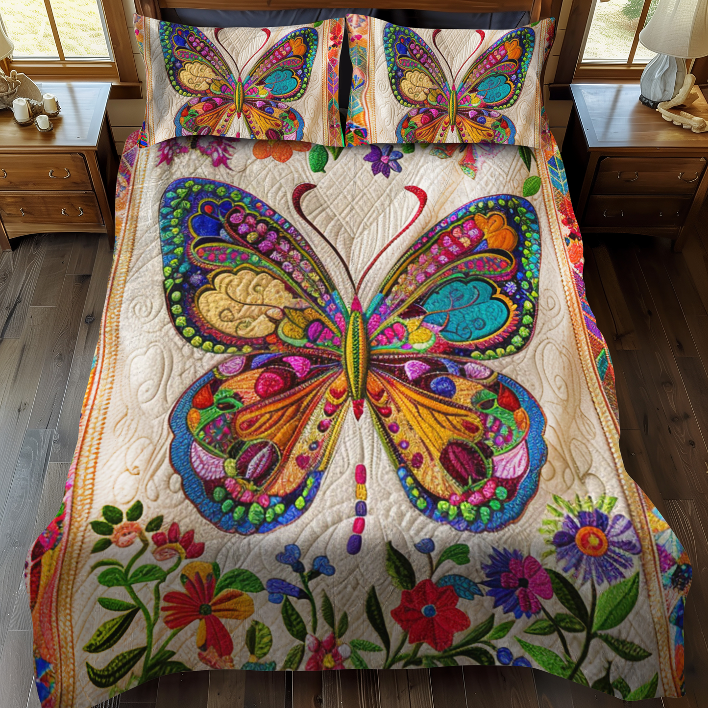 Vibrant Mandala Butterfly 3-Piece Quilted Bedding Set - Single (59" x 70")